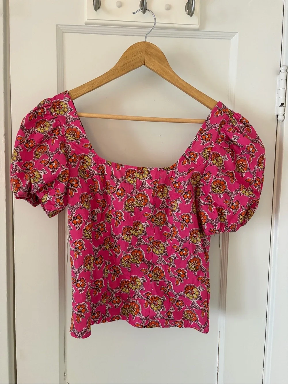 J. Crew Hot Pink Floral Square-Neck Puff Sleeve Blouse